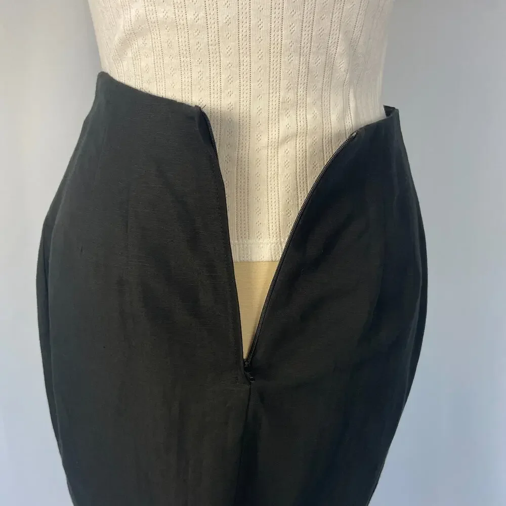 Vintage Pencil Skirt Size 6 Black Solid Faux Wrap Linen Minimal Academia Preppy